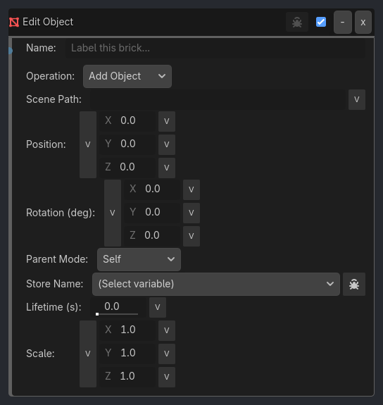 Edit Object brick as it appears in the GDLink editor
