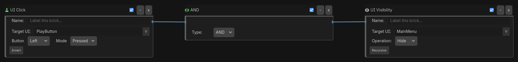 UI Click listener on the PlayButton through an AND gate into a UI Visibility executor that hides the MainMenu