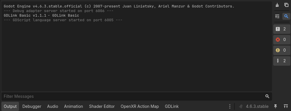 Godot Output panel showing GDLink starting without errors